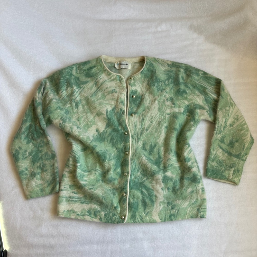 Vintage Glenbrooke Green Abstract Watercolor Faux Pearl Button Cardigan Sweater